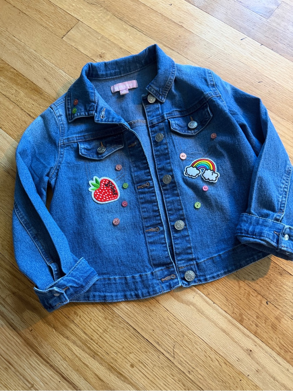 Custom Kids Blue Denim Jacket with Rainbow & Strawberry Patches